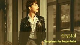  Presentation with black female - Beautiful PPT theme featuring happy-young-fashion-woman-walking backdrop and a tawny brown colored foreground