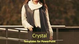  Presentation with fashion handbag - Slide deck featuring happy young fashion woman with handbag on city street stylish female model wearing gray sleeveless coat and white sweater background and a tawny brown colored foreground