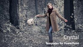  Presentation with fashion handbag - PPT theme consisting of happy young fashion woman with handbag walking in autumn park stylish female model in classic beige coat and dark blue jeans background and a gray colored foreground