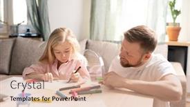  Presentation with father - Cool new PPT theme with happy-young-father-in-casualwear backdrop and a coral colored foreground