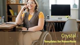  Presentation with secretary - Audience pleasing PPT theme consisting of happy-young-female-agent backdrop and a tawny brown colored foreground