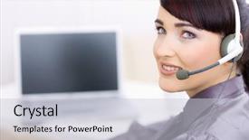  Presentation with customer service - Amazing slide set having happy young female customer service backdrop and a lemonade colored foreground