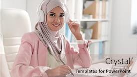  Presentation with office images - PPT layouts with happy-young-female-designer background and a coral colored foreground