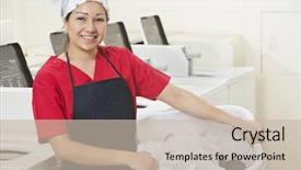  Presentation with laundry service - Beautiful PPT theme featuring happy young female employee backdrop and a soft green colored foreground