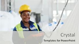  Presentation with factory - Theme consisting of happy-young-female-engineer background and a light gray colored foreground