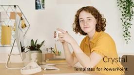  Presentation with tea coffee - Presentation design having happy-young-female-freelancer background and a coral colored foreground