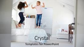  Presentation with young athletes box jumping - Beautiful theme featuring happy young female friends jumping backdrop and a light gray colored foreground