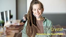  Presentation with computers - Cool new slides with happy-young-female-operator backdrop and a tawny brown colored foreground