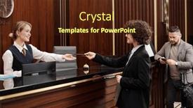  Presentation with receptionist - Presentation theme enhanced with happy-young-female-receptionist background and a tawny brown colored foreground