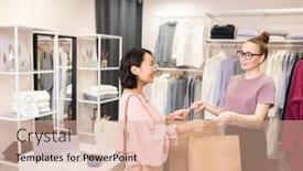  Presentation with clothes shop - Slide set enhanced with happy-young-female-shop-assistant background and a coral colored foreground