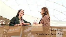  Presentation with trade - Cool new slide set with happy-young-female-shopaholics-having backdrop and a coral colored foreground