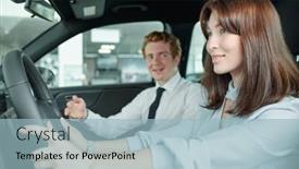  Presentation with drive sales - Audience pleasing presentation theme consisting of happy-young-female-sitting backdrop and a light blue colored foreground