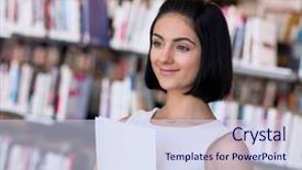  Presentation with student - Presentation with happy young female student sudying background and a  colored foreground