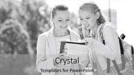  Presentation with college campus - Slide deck consisting of happy young female students reading book at college campus background and a light gray colored foreground