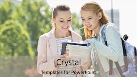  Presentation with college campus - Theme having happy young female students reading book at college campus background and a soft green colored foreground