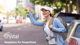  Presentation with hailing cab - Colorful presentation design enhanced with happy young female tourist hailing backdrop and a gray colored foreground