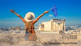  Presentation with greek - Presentation theme with happy-young-female-tourist background and a coral colored foreground