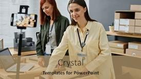  Presentation with donation - PPT theme having happy-young-female-volunteer-looking background and a coral colored foreground