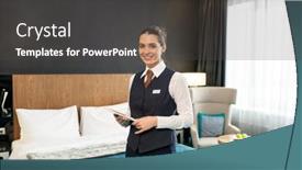  Presentation with bed hotel - Slides consisting of happy-young-female-worker background and a dark gray colored foreground