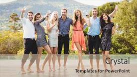  Presentation with happy holiday - Cool new slide deck with happy young friends having drinks at swimming pool and enjoying holiday backdrop and a coral colored foreground