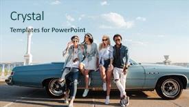  Presentation with vintage car - Slide set consisting of happy young friends standing together near vintage car background and a sky blue colored foreground