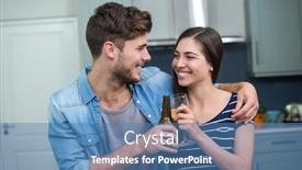  Presentation with toasting - Beautiful presentation theme featuring happy young friends toasting drinks in kitchen at home backdrop and a teal colored foreground