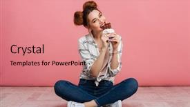  Presentation with snicker chocolate bar - Slide deck enhanced with happy young girl eating chocolate background and a coral colored foreground