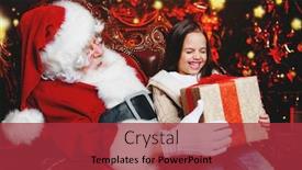  Presentation with christmas girl - PPT theme with happy young girl is sitting with a present near santa claus at home merry christmas and happy new year background and a red colored foreground