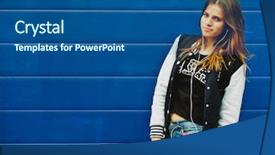  Presentation with blue music - Beautiful presentation theme featuring happy young girl listening music in headphones over blue wall background backdrop and a ocean colored foreground