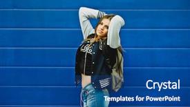  Presentation with blue music - Cool new PPT layouts with happy young girl listening music in headphones over blue wall background backdrop and a ocean colored foreground