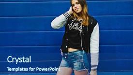  Presentation with blue music - Slide set consisting of happy young girl listening music in headphones over blue wall background background and a ocean colored foreground