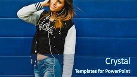  Presentation with blue music - Presentation with happy young girl listening music in headphones over blue wall background background and a ocean colored foreground