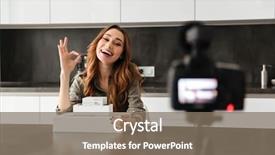  Presentation with it tech - Audience pleasing PPT theme consisting of happy young girl recording video backdrop and a  colored foreground