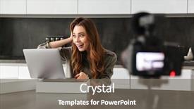  Presentation with new home - Presentation theme enhanced with happy young girl recording video background and a  colored foreground