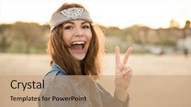  Presentation with peace - Beautiful slides featuring happy young girl showing peace backdrop and a coral colored foreground