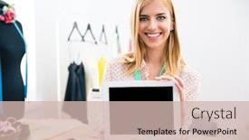  Presentation with computer workshop - PPT theme having happy young girl showing tablet computer screen in workshop background and a soft green colored foreground