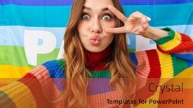  Presentation with lgbt - Colorful PPT theme enhanced with happy-young-girl-wearing-colorful backdrop and a red colored foreground