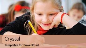  Presentation with writing notes - Colorful PPT layouts enhanced with happy young girls writing backdrop and a coral colored foreground