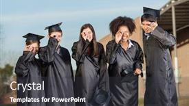  Presentation with college campus - Cool new presentation design with happy young graduate students looking through diplomas on college campus backdrop and a dark gray colored foreground