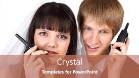  Presentation with radio - Presentation theme featuring happy young groom and bride speak on radio isolated on white background focus on woman background and a coral colored foreground