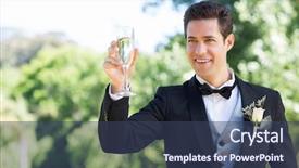  Presentation with flute - PPT theme enhanced with happy young groom toasting champagne flute in garden background and a ocean colored foreground