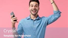  Presentation with phone - Presentation theme featuring happy-young-guy-holding-phone background and a teal colored foreground