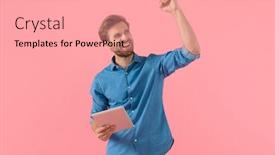  Presentation with tab - Cool new PPT theme with happy-young-guy-holding-tab backdrop and a coral colored foreground