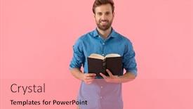  Presentation with denim - PPT layouts with happy-young-guy-in-denim background and a coral colored foreground