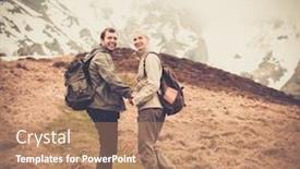  Presentation with backpacks - Cool new slide set with happy young hiker couple with backpacks in mountains backdrop and a coral colored foreground
