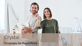  Presentation with house key - PPT layouts with happy-young-husband-and-wife background and a mint green colored foreground