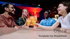  Presentation with young happy couple - Presentation design featuring happy-young-intercultural-couple-clinking background and a coral colored foreground