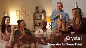  Presentation with happy birthday cake - Audience pleasing slide deck consisting of happy-young-intercultural-friends-congratulating backdrop and a tawny brown colored foreground