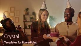  Presentation with happy birthday cake - Slide deck featuring happy-young-intercultural-friends-congratulating background and a wine colored foreground