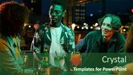  Presentation with party time - Presentation design enhanced with happy-young-intercultural-friends-having background and a forest green colored foreground